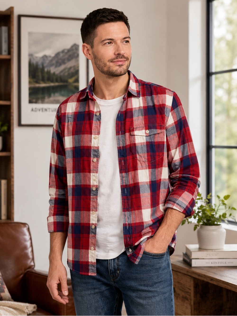 Old Navy Men’s XL Slim Fit Red Blue Plaid Button Down Shirt